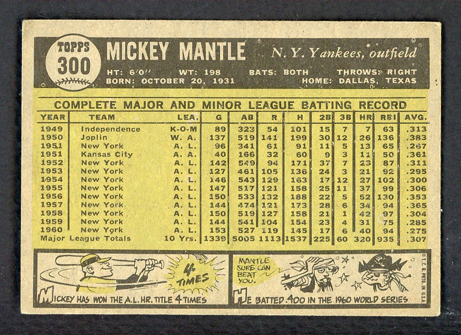 1961 Topps Baseball #300 Mickey Mantle Yankees VG-EX 562699