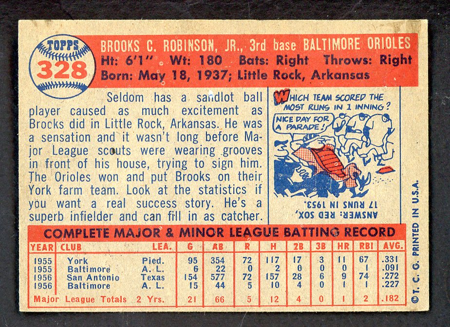1957 Topps Baseball #328 Brooks Robinson Orioles VG-EX 562706