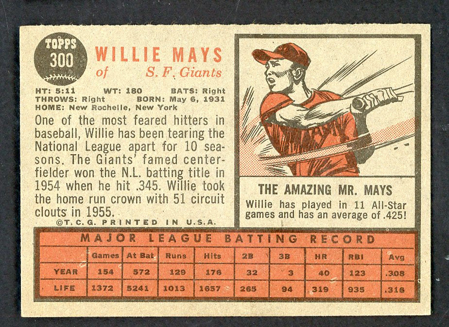 1962 Topps Baseball #300 Willie Mays Giants VG-EX 562716