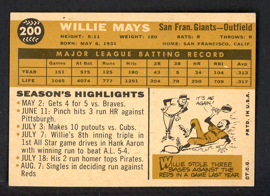 1960 Topps Baseball #200 Willie Mays Giants EX-MT 562723