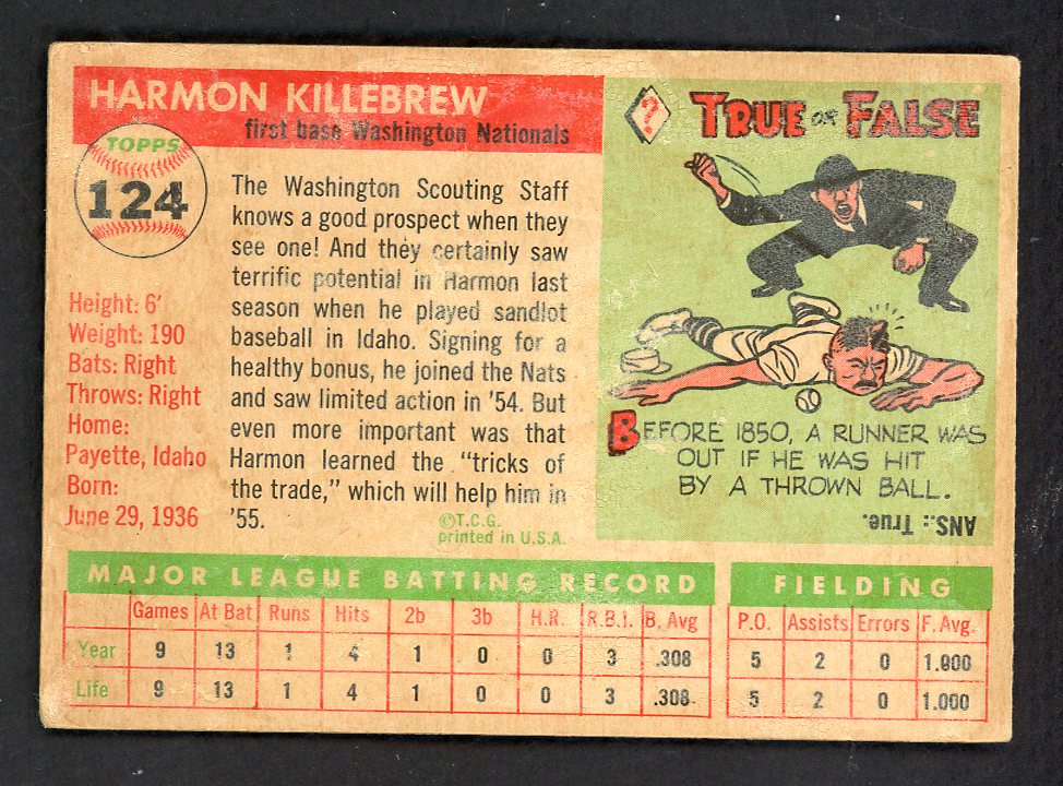 1955 Topps Baseball #124 Harmon Killebrew Senators Good 562759