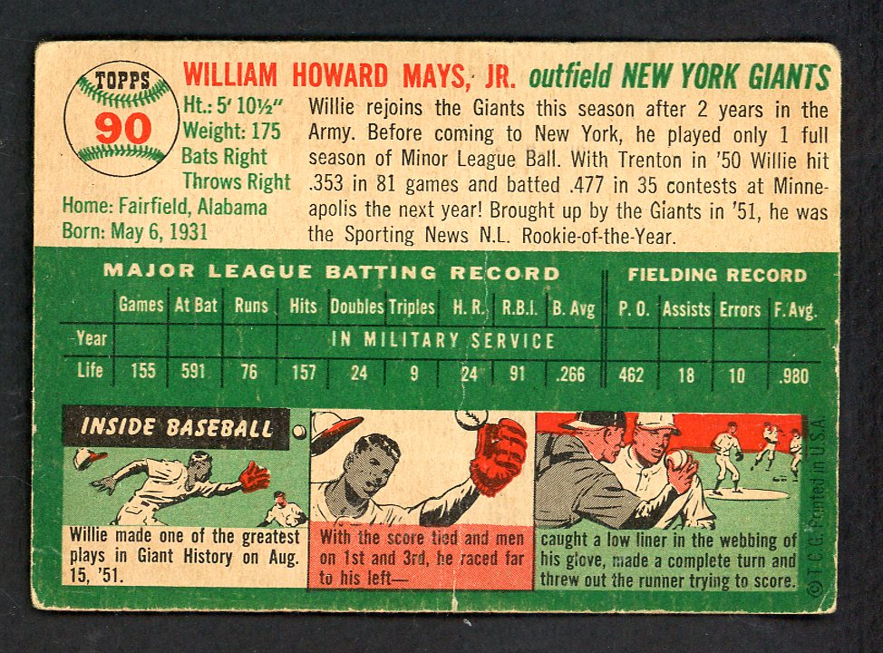 1954 Topps Baseball #090 Willie Mays Giants Good 562773