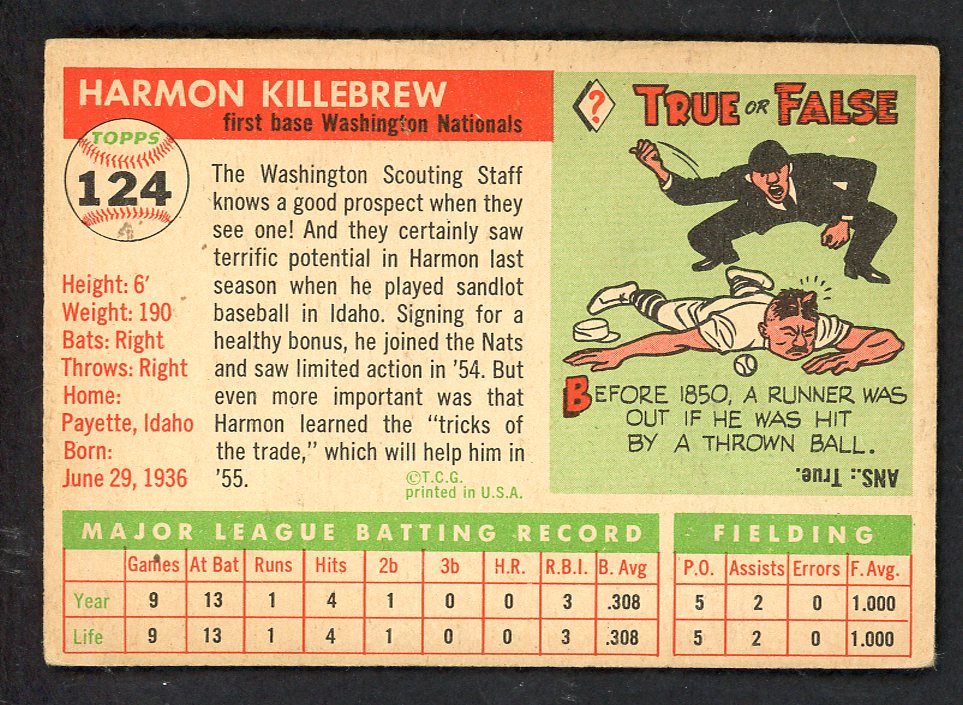 1955 Topps Baseball #124 Harmon Killebrew Senators VG-EX 562807