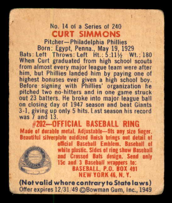1949 Bowman Baseball #014 Curt Simmons Phillies VG 562831