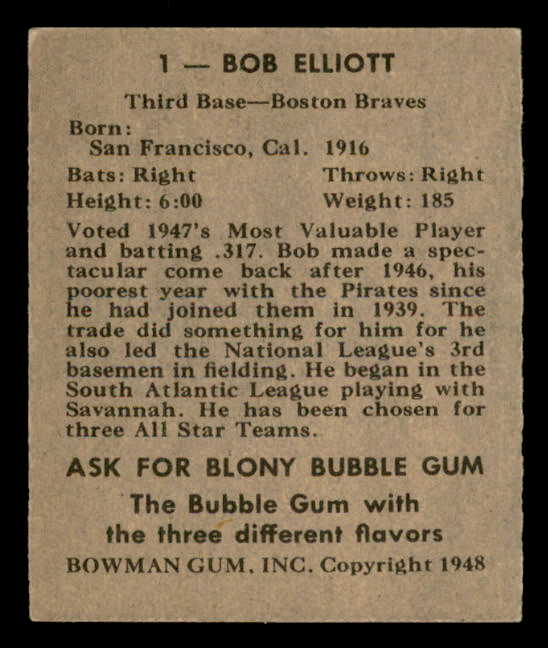 1948 Bowman Baseball #001 Bob Elliott Braves EX 562842