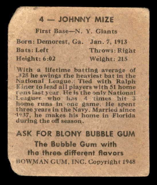 1948 Bowman Baseball #004 Johnny Mize Giants Fair 562847