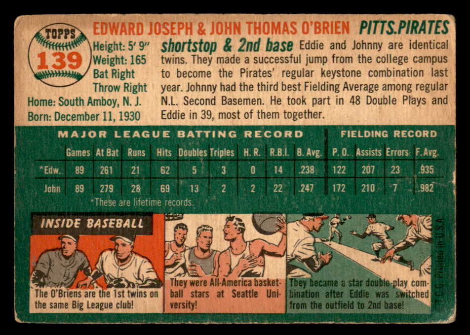 1954 Topps Baseball #139 O'Brien Brothers Pirates VG 562885