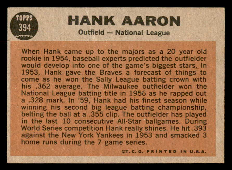 1962 Topps Baseball #394 Hank Aaron A.S. Braves EX-MT 562890