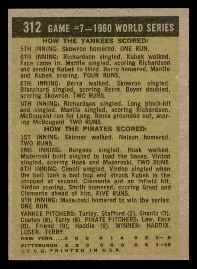 1961 Topps Baseball #312 World Series Game 7 Bill Mazeroski EX-MT 562894