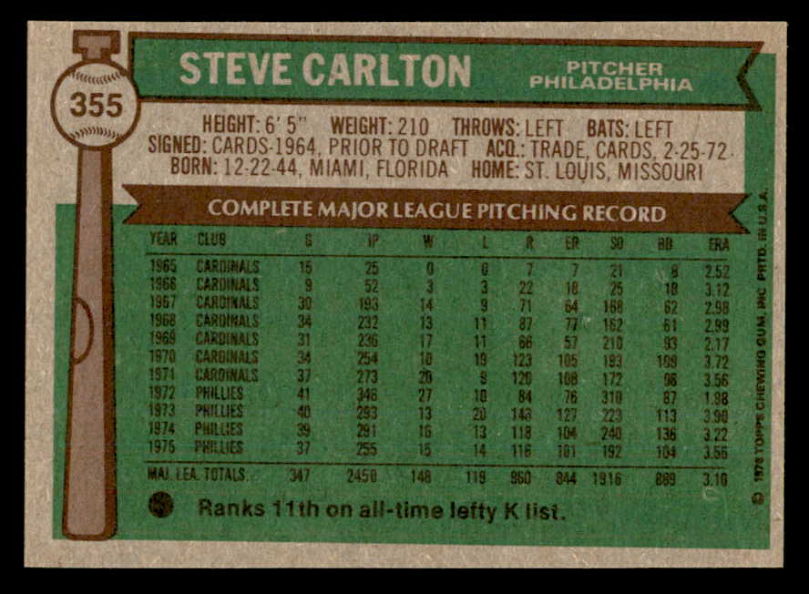 1976 Topps Baseball #355 Steve Carlton Phillies NR-MT 562904