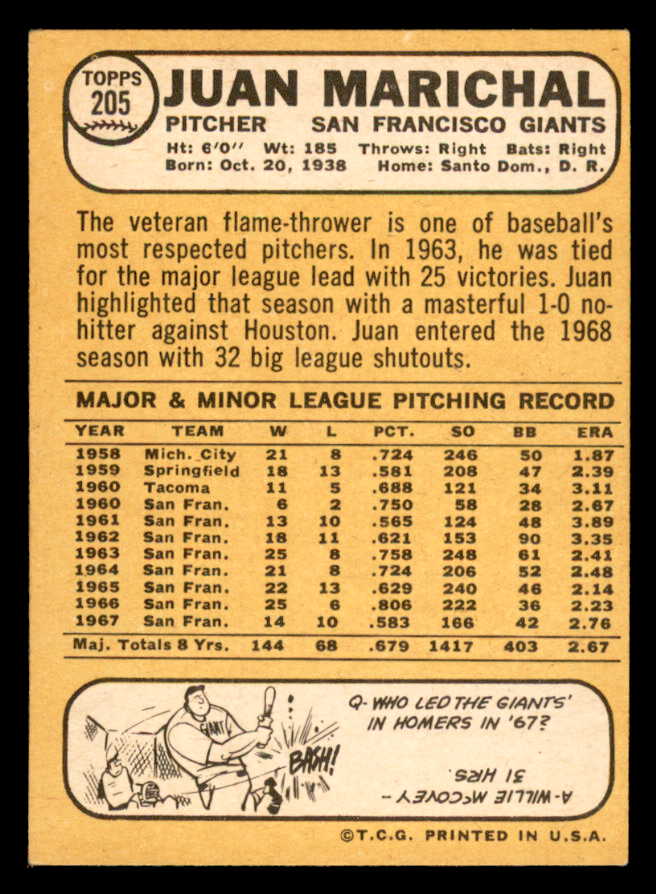 1968 Topps Baseball #205 Juan Marichal Giants NR-MT 562916