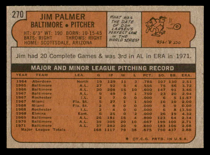 1972 Topps Baseball #270 Jim Palmer Orioles NR-MT 562926