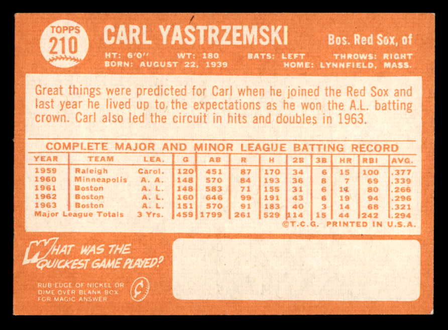 1964 Topps Baseball #210 Carl Yastrzemski Red Sox EX-MT 562944