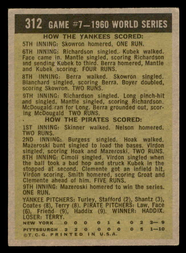 1961 Topps Baseball #312 World Series Game 7 Bill Mazeroski VG-EX 562953