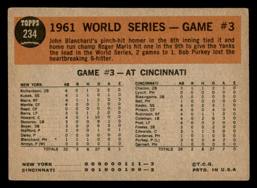 1962 Topps Baseball #234 World Series Game 3 Roger Maris VG-EX 562956