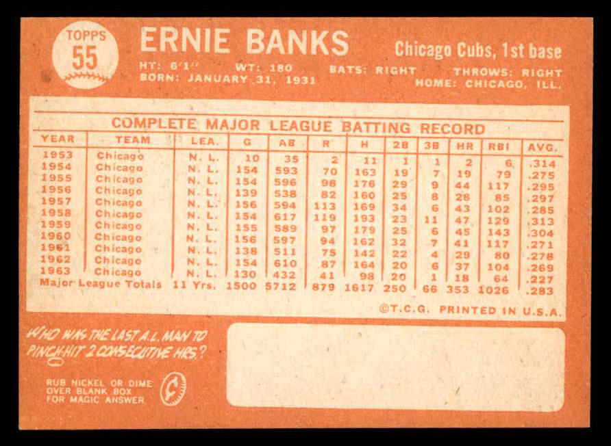 1964 Topps Baseball #055 Ernie Banks Cubs EX-MT 562967