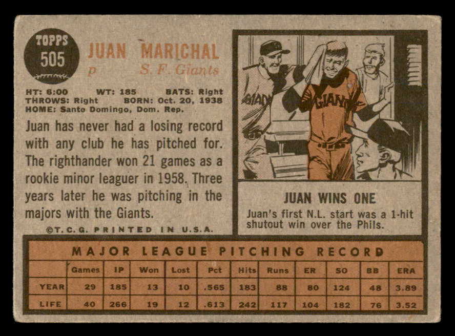 1962 Topps Baseball #505 Juan Marichal Giants VG 563007