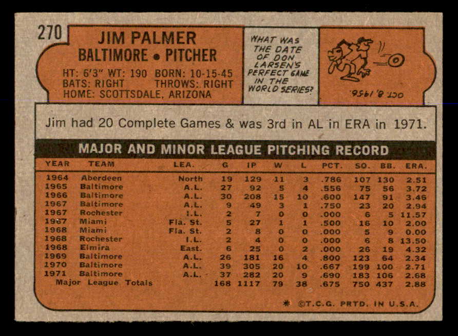 1972 Topps Baseball #270 Jim Palmer Orioles EX-MT 563026