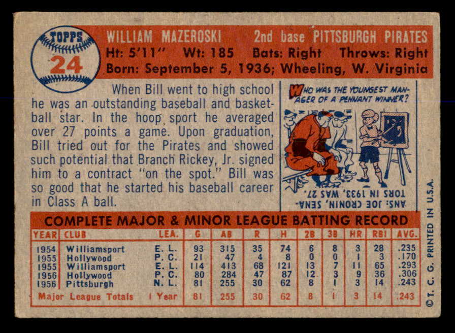 1957 Topps Baseball #024 Bill Mazeroski Pirates VG-EX 563038
