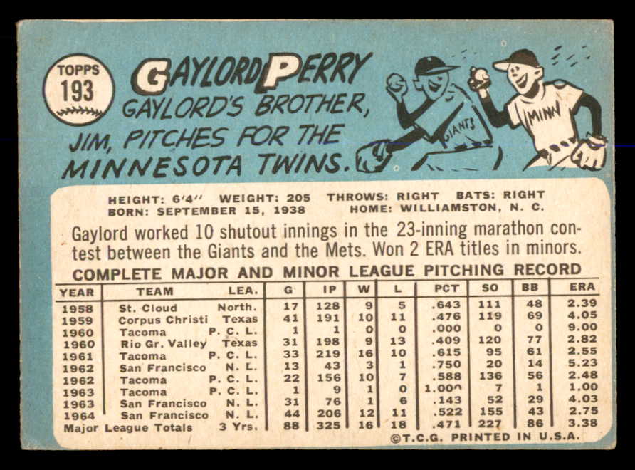 1965 Topps Baseball #193 Gaylord Perry Giants VG-EX 563086