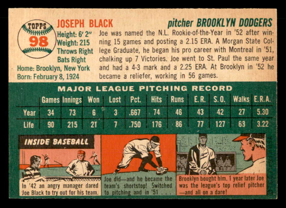 1954 Topps Baseball #098 Joe Black Dodgers EX-MT 563101