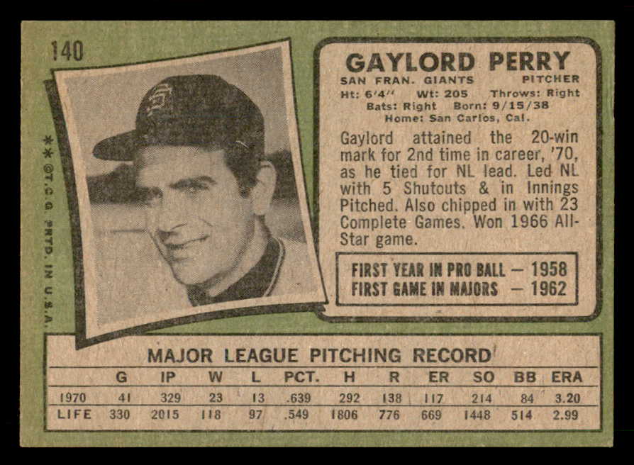 1971 Topps Baseball #140 Gaylord Perry Giants VG-EX 563114