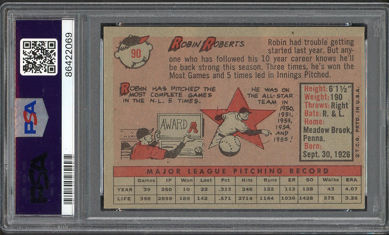 1958 Topps Baseball #090 Robin Roberts Phillies PSA 7 NM 563156