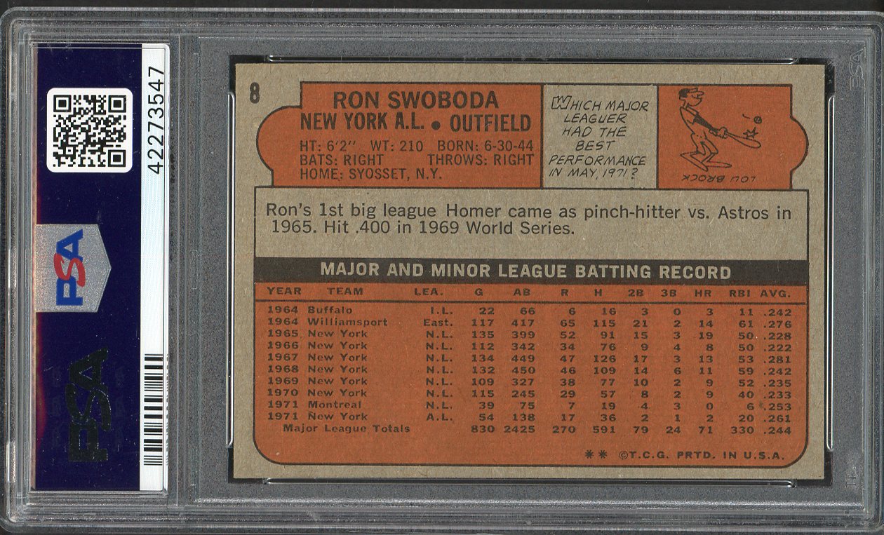 1972 Topps Baseball #008 Ron Swoboda Yankees PSA 9 MINT 563160