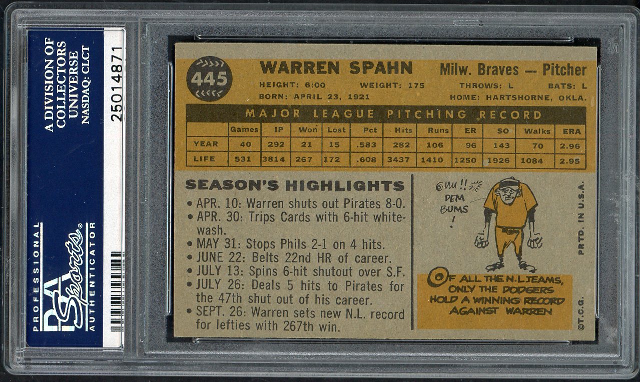 1960 Topps Baseball #445 Warren Spahn Braves PSA 6 EX-MT 563182