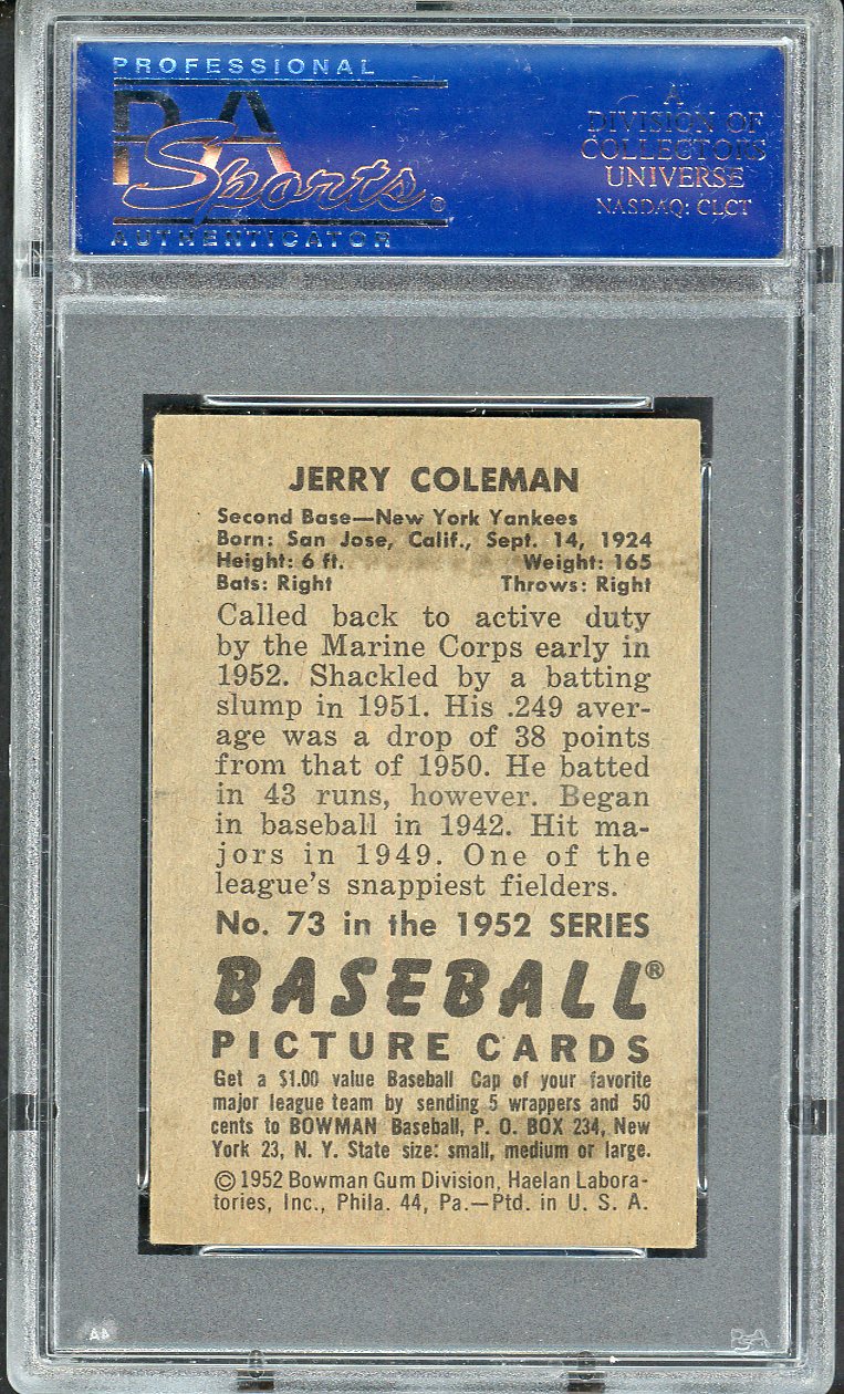 1952 Bowman Baseball #073 Jerry Coleman Yankees PSA 6 EX-MT 563204