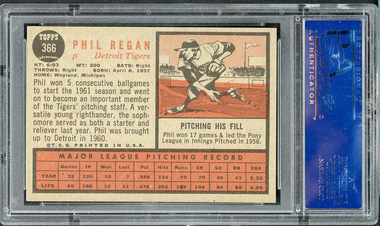 1962 Topps Baseball #366 Phil Regan Tigers PSA 7 NM 563210