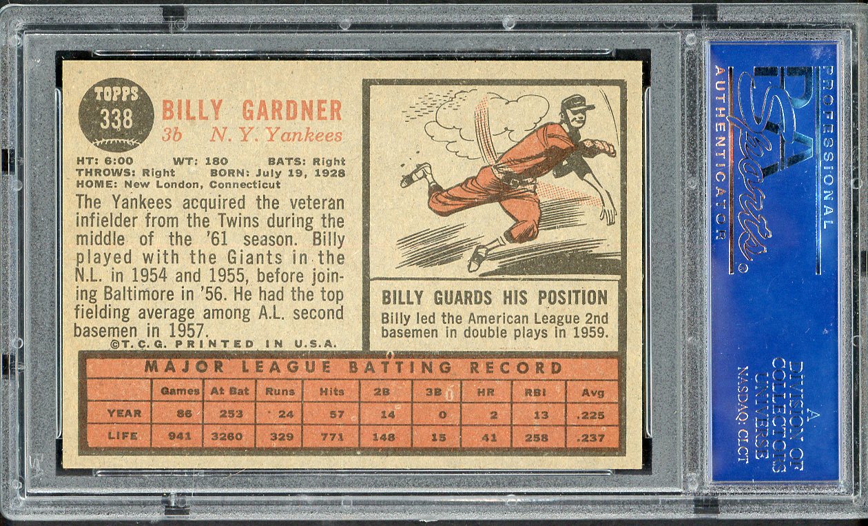 1962 Topps Baseball #338 Billy Gardner Yankees PSA 7 NM 563216