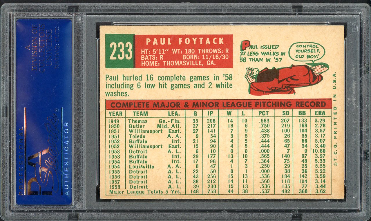 1959 Topps Baseball #233 Paul Foytack Tigers PSA 6 EX-MT 563225