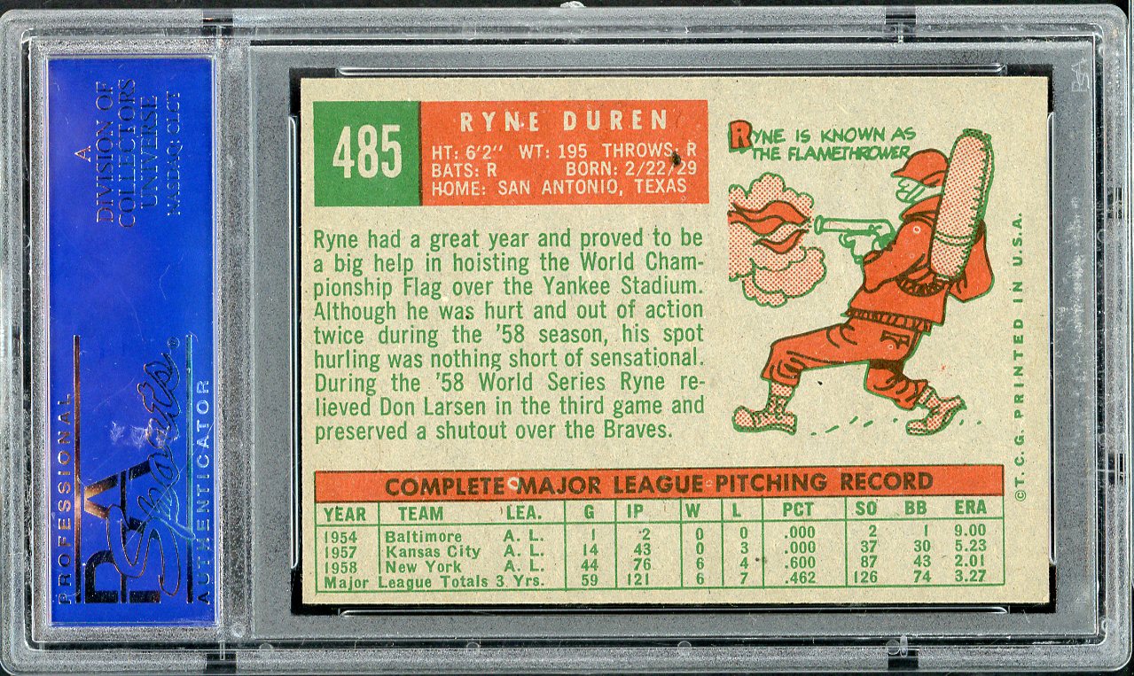 1959 Topps Baseball #485 Ryne Duren Yankees PSA 6 EX-MT 563229