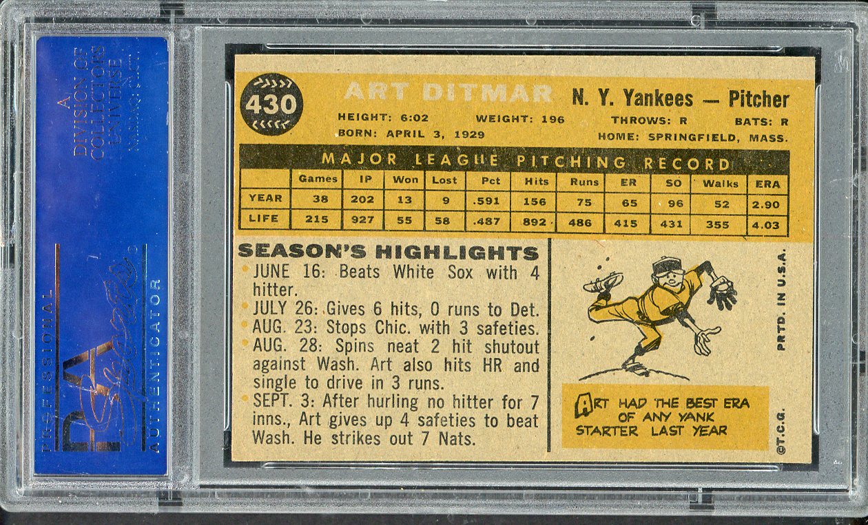 1960 Topps Baseball #430 Art Ditmar Yankees PSA 6 EX-MT 563272