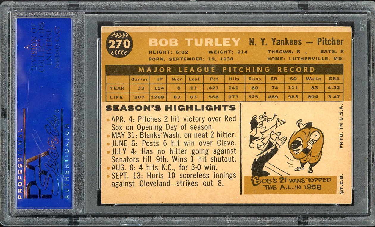 1960 Topps Baseball #270 Bob Turley Yankees PSA 5 EX 563275