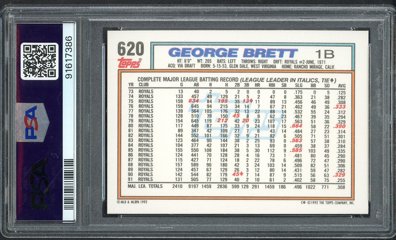 1992 Topps #620 George Brett Royals PSA 9 MINT 563310