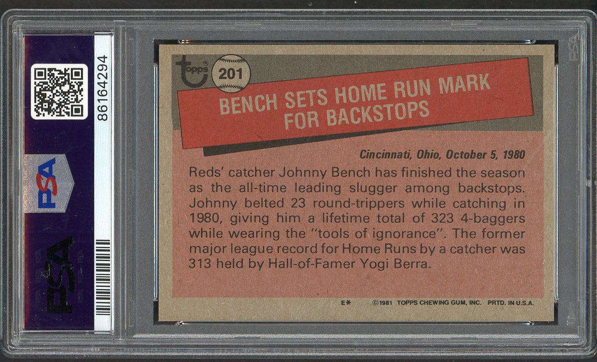 1981 Topps #201 Johnny Bench Rb Reds PSA 10 GEM MINT 563372