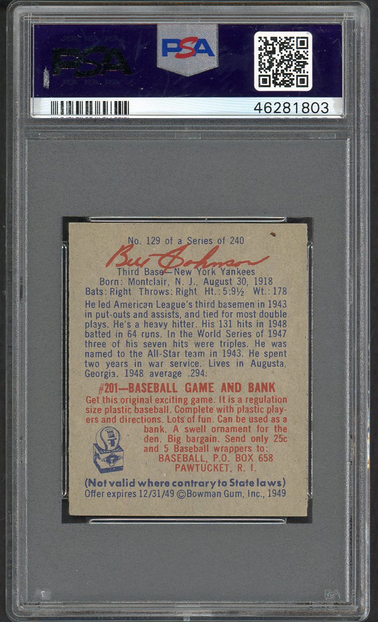 1949 Bowman Baseball #129 Bill Johnson Yankees PSA 7 NM 563380
