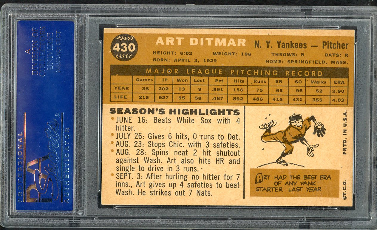 1960 Topps Baseball #430 Art Ditmar Yankees PSA 8 NM/MT 563385