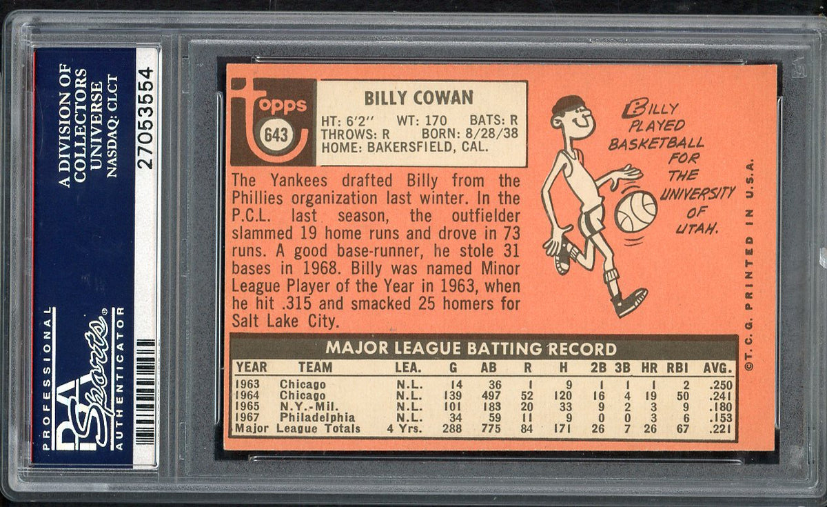 1969 Topps Baseball #643 Billy Cowan Yankees PSA 8 NM/MT 563393