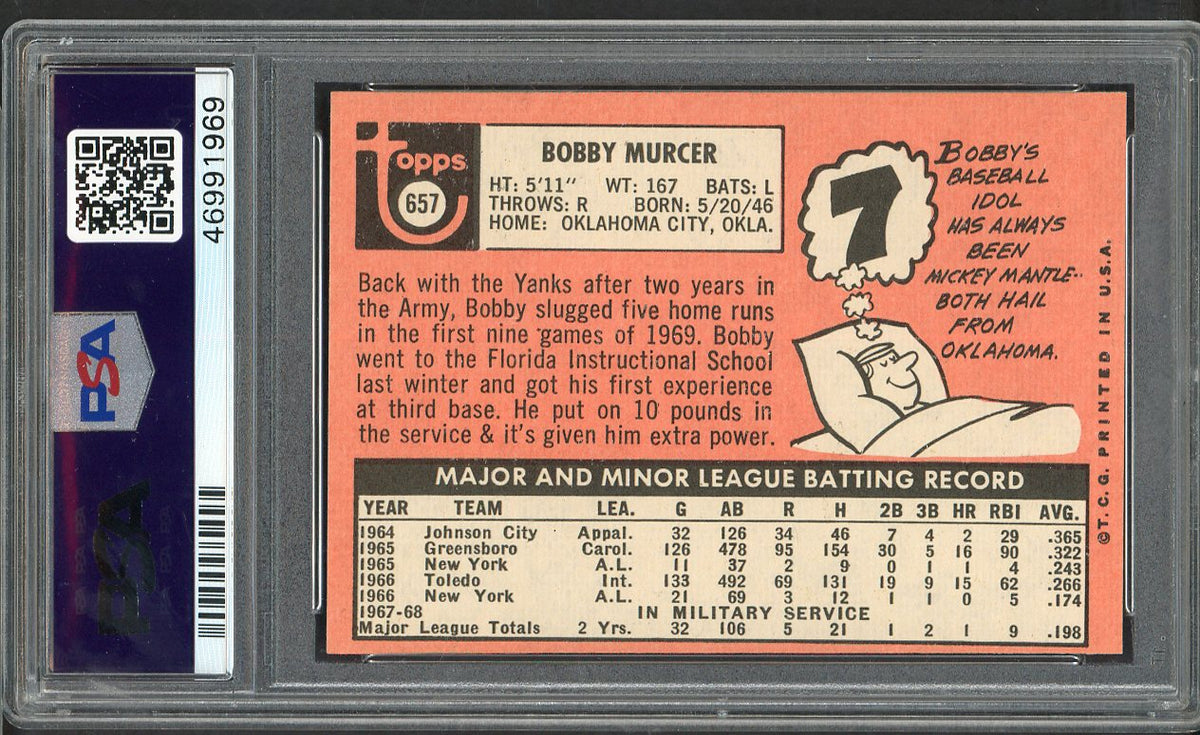 1969 Topps Baseball #657 Bobby Murcer Yankees PSA 8 NM/MT 563394