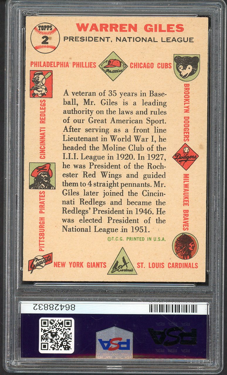 1956 Topps Baseball #002 Warren Giles President PSA 6 EX-MT White 563407