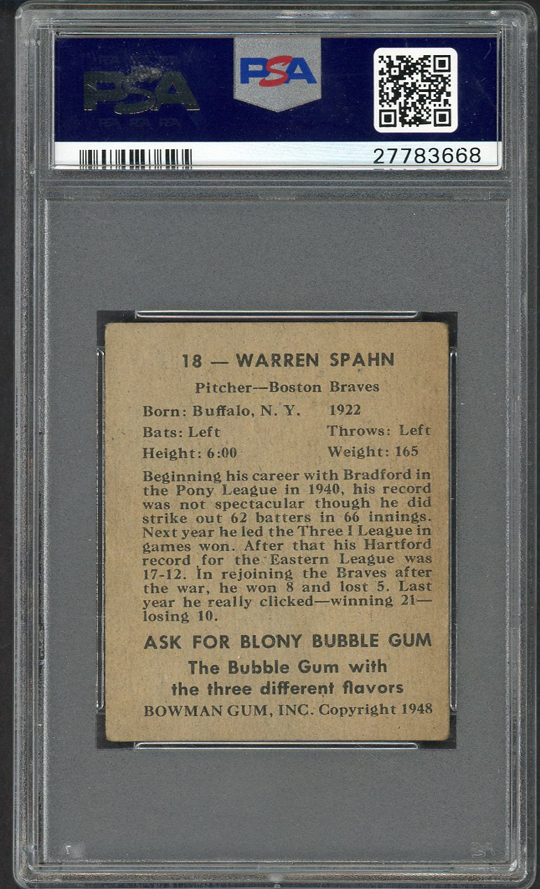 1948 Bowman Baseball #018 Warren Spahn Braves PSA 3 VG 563419