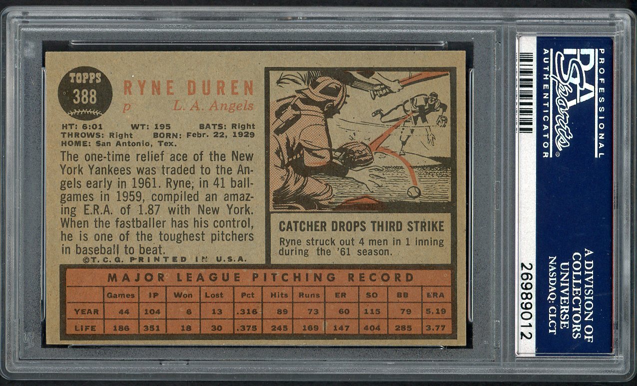 1962 Topps Baseball #388 Ryne Duren Angels PSA 7 NM 563423