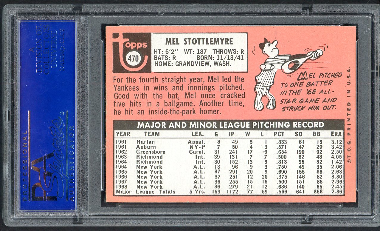 1969 Topps Baseball #470 Mel Stottlemyre Yankees PSA 6 EX-MT White Letter 563440