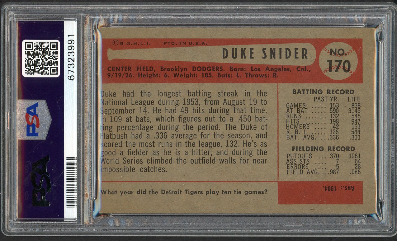 1954 Bowman Baseball #170 Duke Snider Dodgers PSA 5 EX 563443