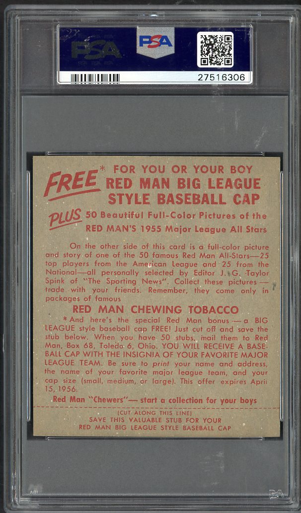 1955 Red Man # 9NL Bill Sarni Cardinals PSA 8 NM/MT w Tab 563584