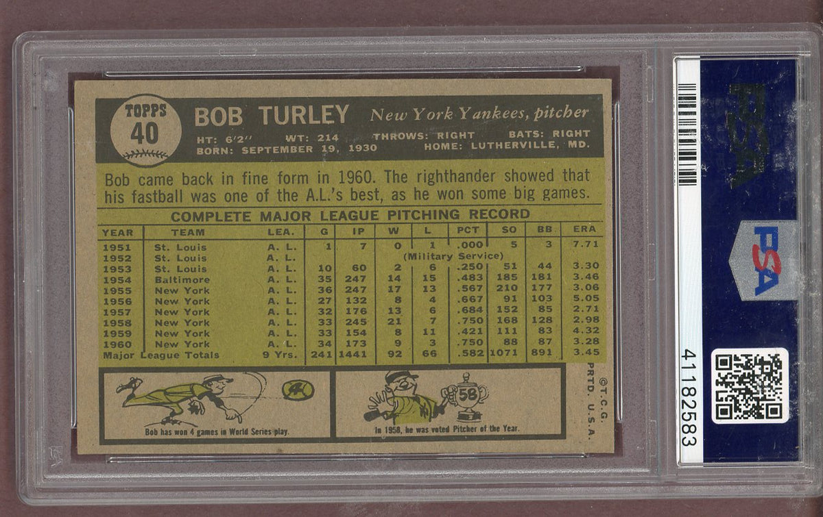 1961 Topps Baseball #040 Bob Turley Yankees PSA 6 EX-MT 563626