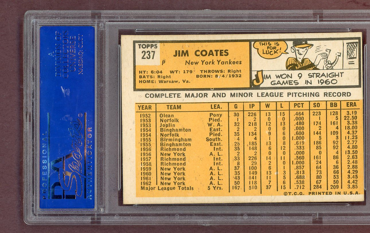 1963 Topps Baseball #237 Jim Coates Yankees PSA 8 NM/MT oc 563776